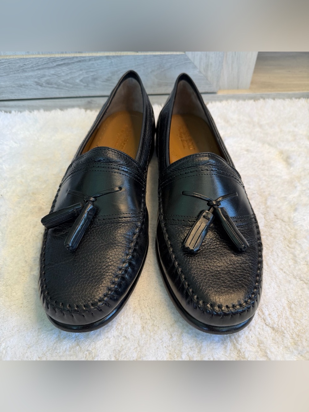 Brass Boot Loafers Black Leather Tassel Moc Round Toe Shoes Size 11.5